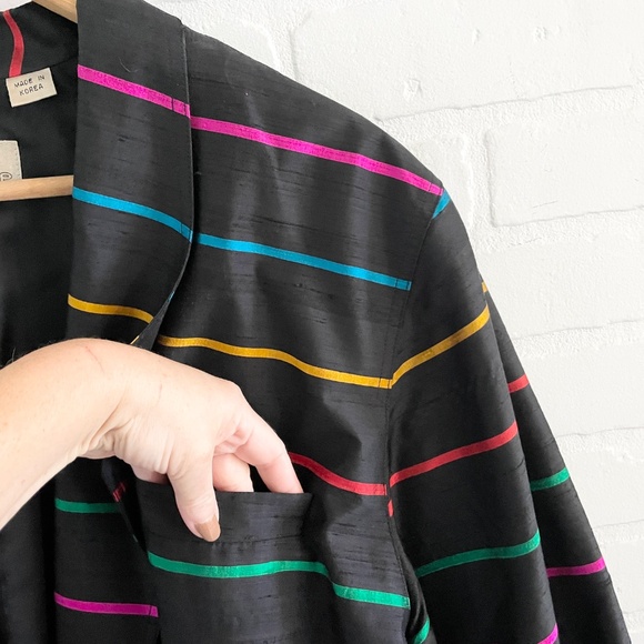 Vintage Women’s Blazer Silk Rainbow Striped Oversized Pockets Single breast 14 - Picture 2 of 8
